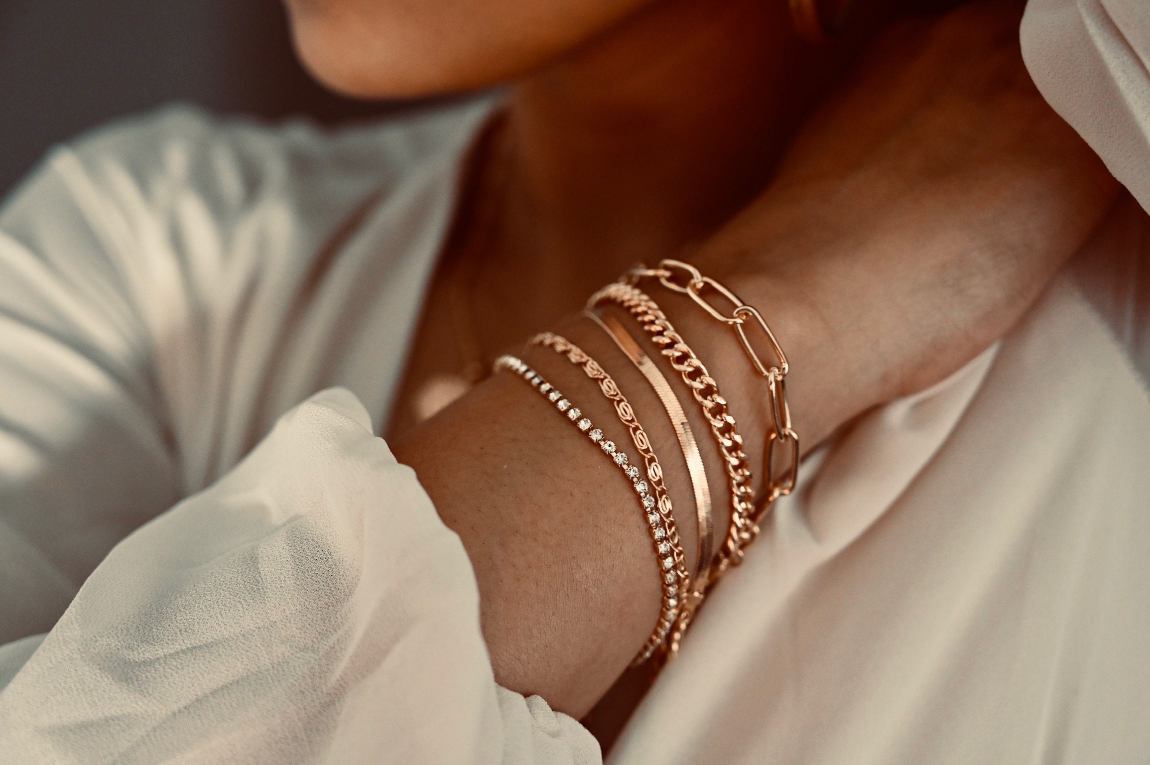 18k Gold Filled Stacking Bracelets | Herringbone Bracelet | Curb Chain Bracelet | Tennis Bracelet | Dainty Minimalist Bracelets