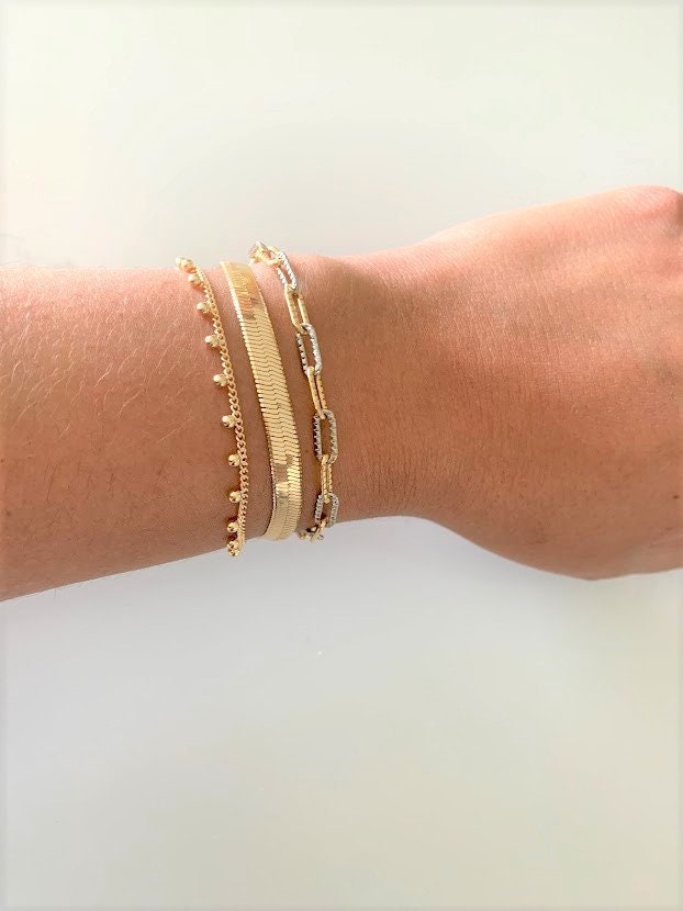 18K Gold Filled Bracelet Trio: Paperclip, Herringbone, Beaded
