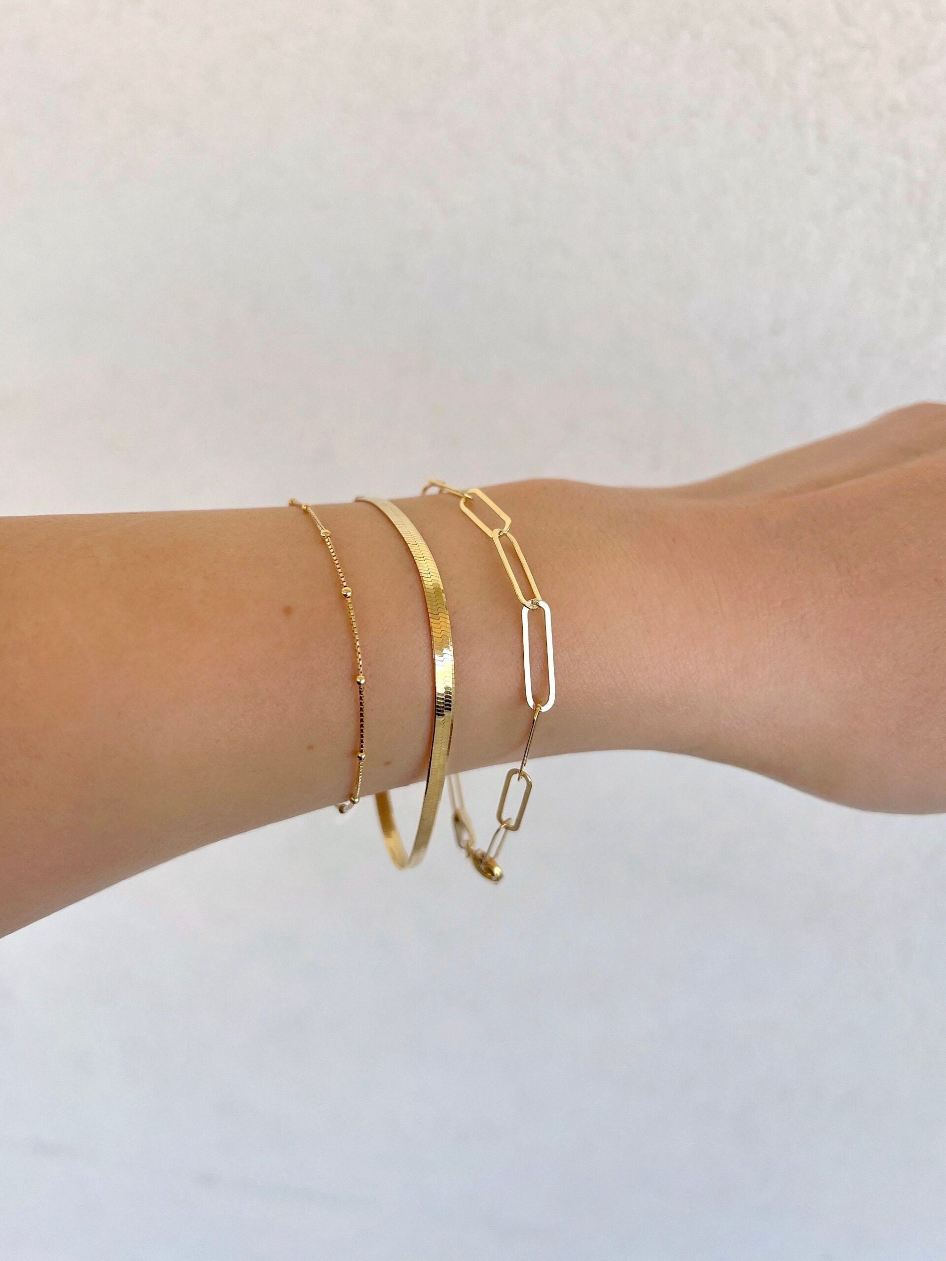 Dainty Gold Chain Bracelet –  925 Sterling Silver Bracelet – Paperclip Bracelet – Satellite Bracelet – Gold Bracelet – Beaded Bracelet
