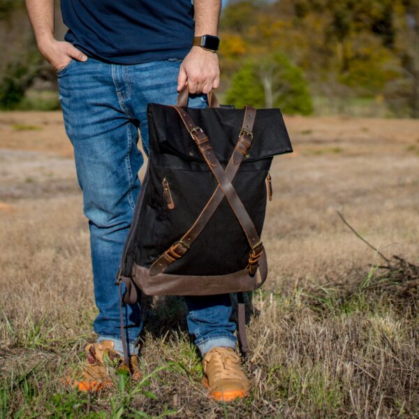 Large Backpack, Full Grain Leather And Wax Canvas Rucksack, Backpack For Men, Laptop Bag, Unisex Black Backpack, Minimalist Backpack