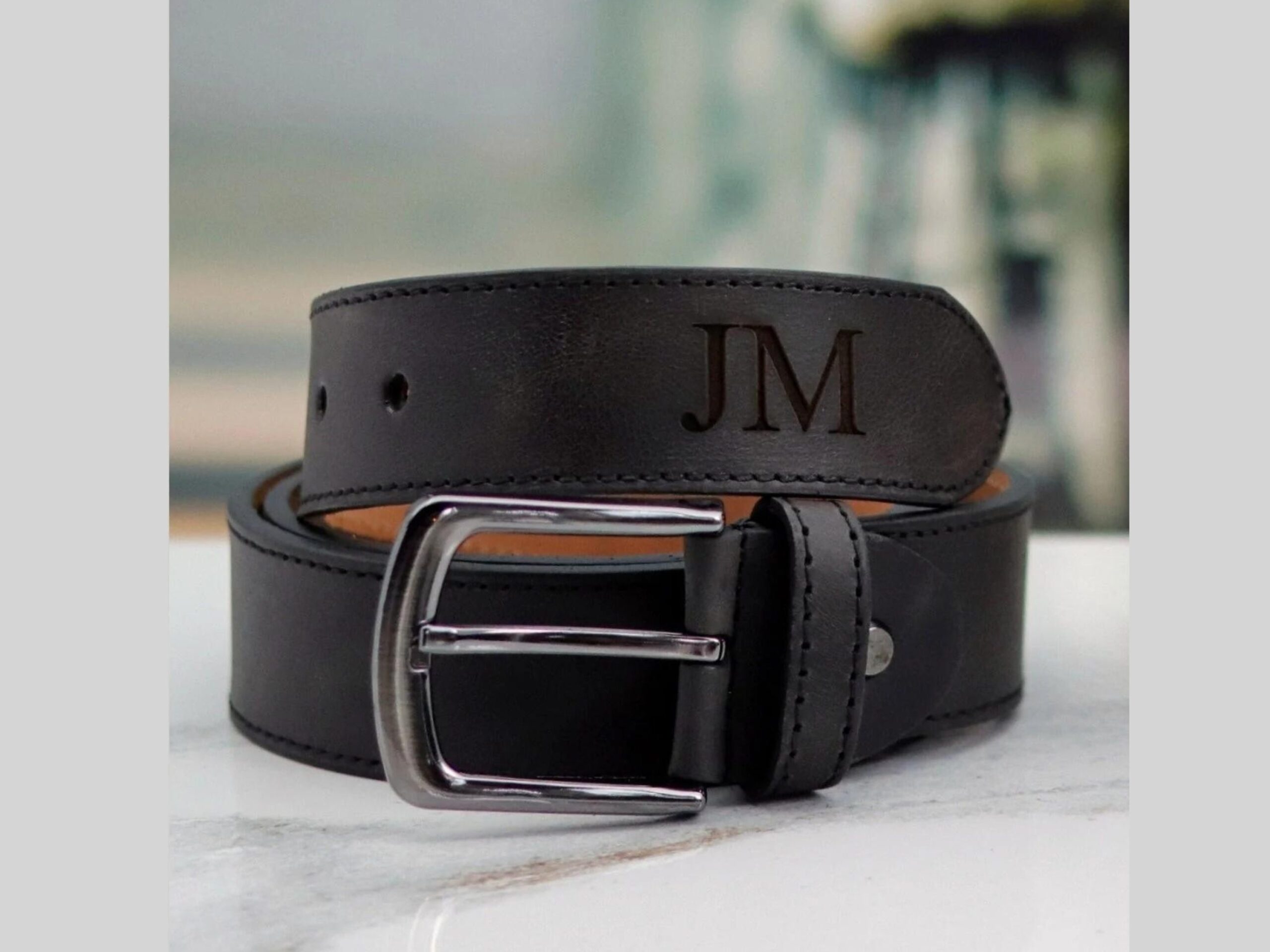 Personalized Black Leather Belt: Engraved Top Grain Leather