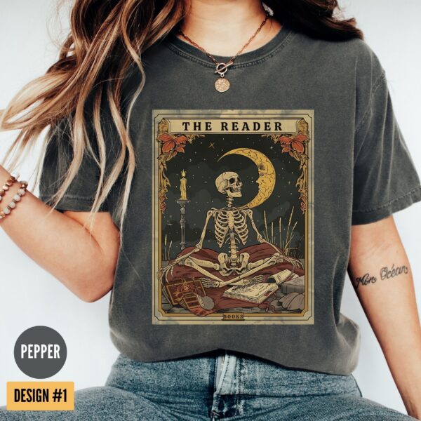 Comfort Colors® The Reader Tarot Card Shirt, Skeleton Reading Shirt, Unisex Tarot Card Shirt, Book Lover Gift, Bookish Gift,Tarot Lover Gift