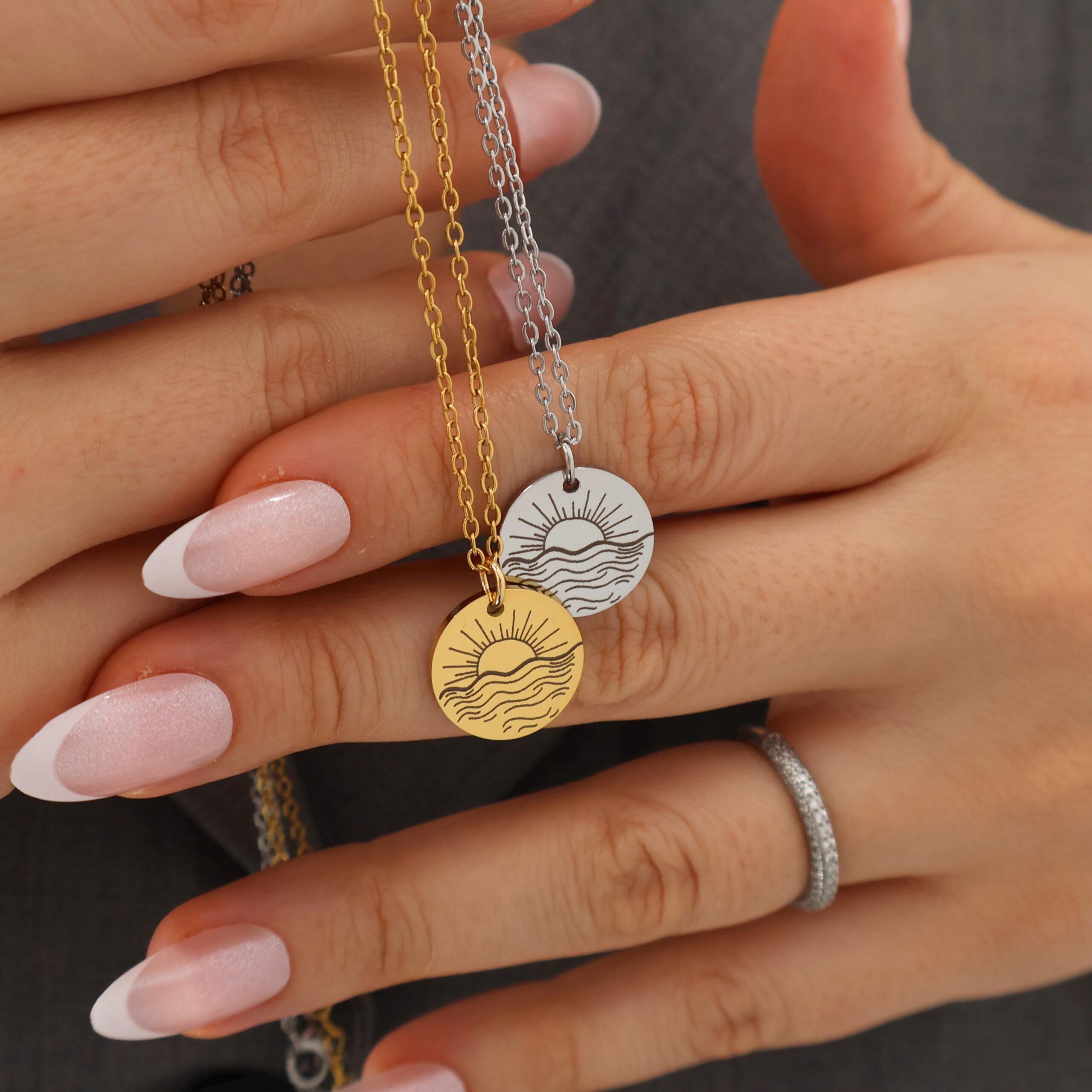 Customizable Stainless Steel Sun and Ocean Necklaces in Silver, Gold, and Rose Gold - Image 3