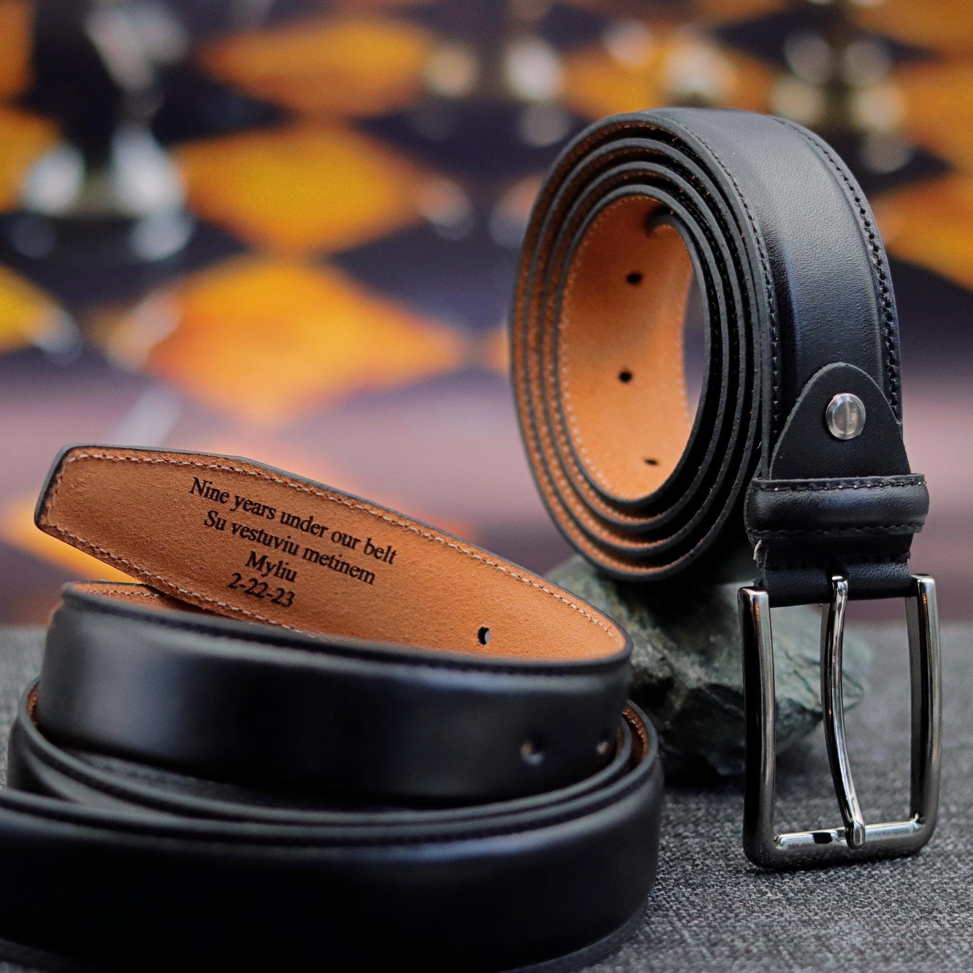Personalized Black Leather Belt: Custom Engraved Top Grain