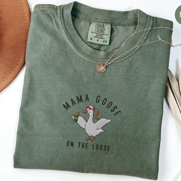Embroidered Mama Silly Goose Shirt, Coffee Lover Mom Tshirt, Funny Goose Gift For Mom,New Pregnancy Announcement Tee,Iced Coffee Tee For Mom