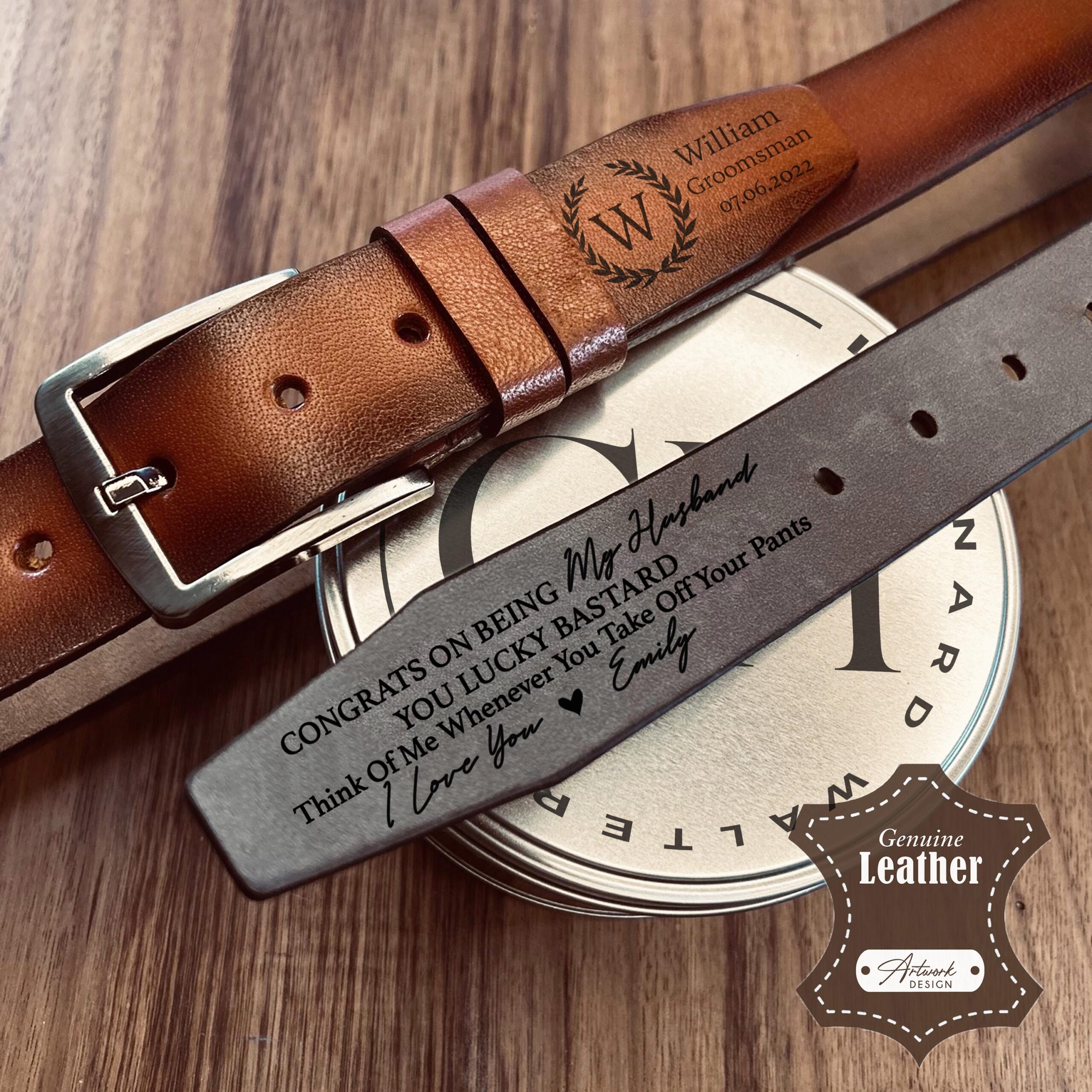 Engraving GENUINE Leather Mens Belt, Personalised Custom Belts With Tin, Anniversary Gift For Him