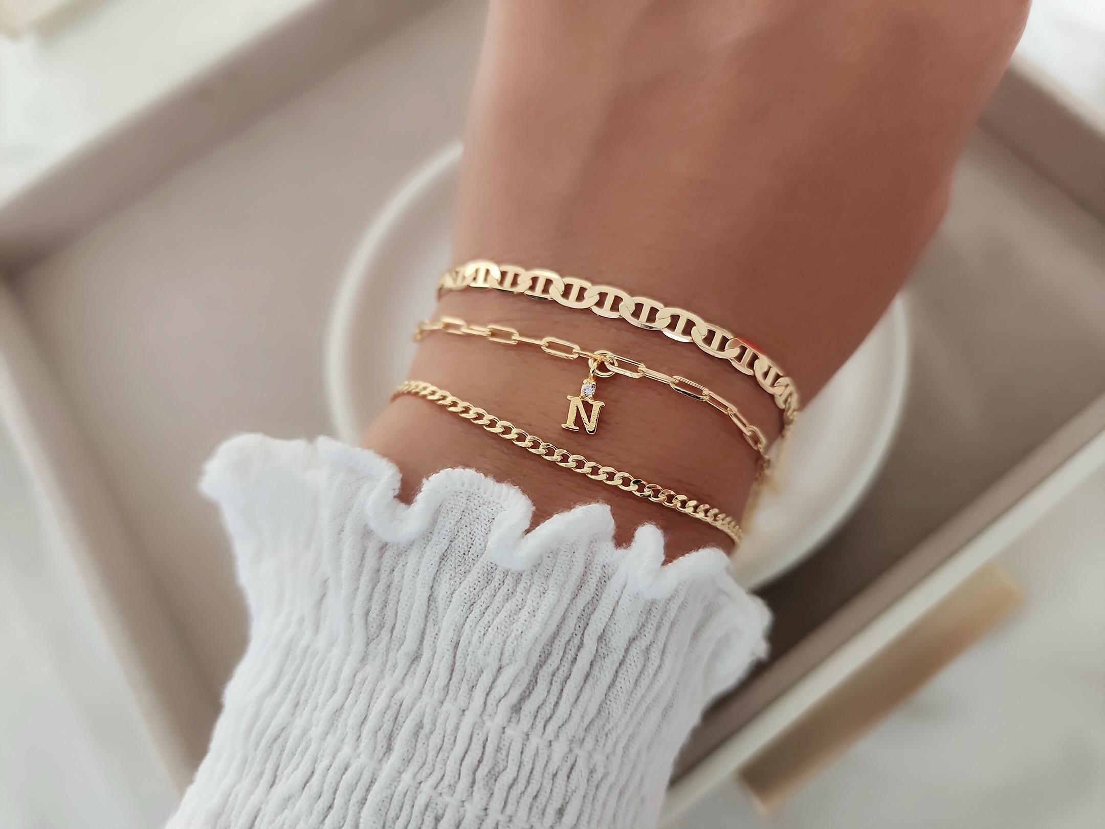 18k Gold Filled Initial Bracelet Set: Dainty Layering Chain Bracelets
