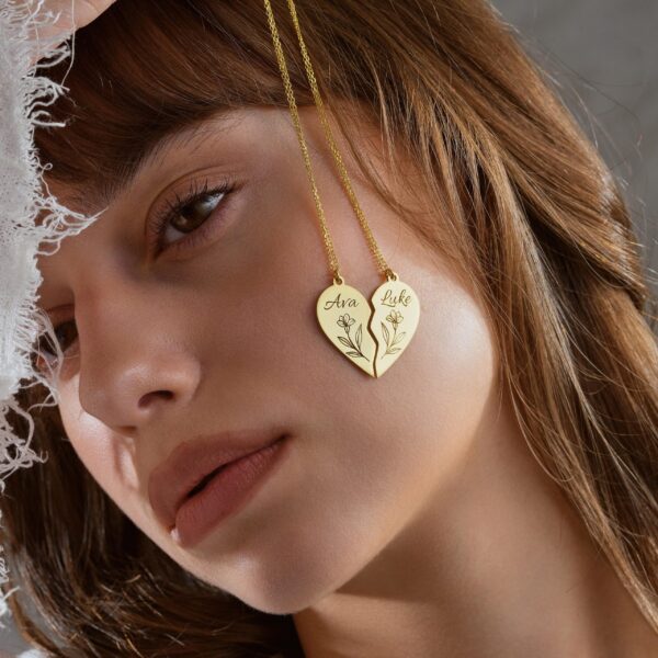 Personalized Sterling Silver Split Heart Necklace Set, Birth Flower Pendant