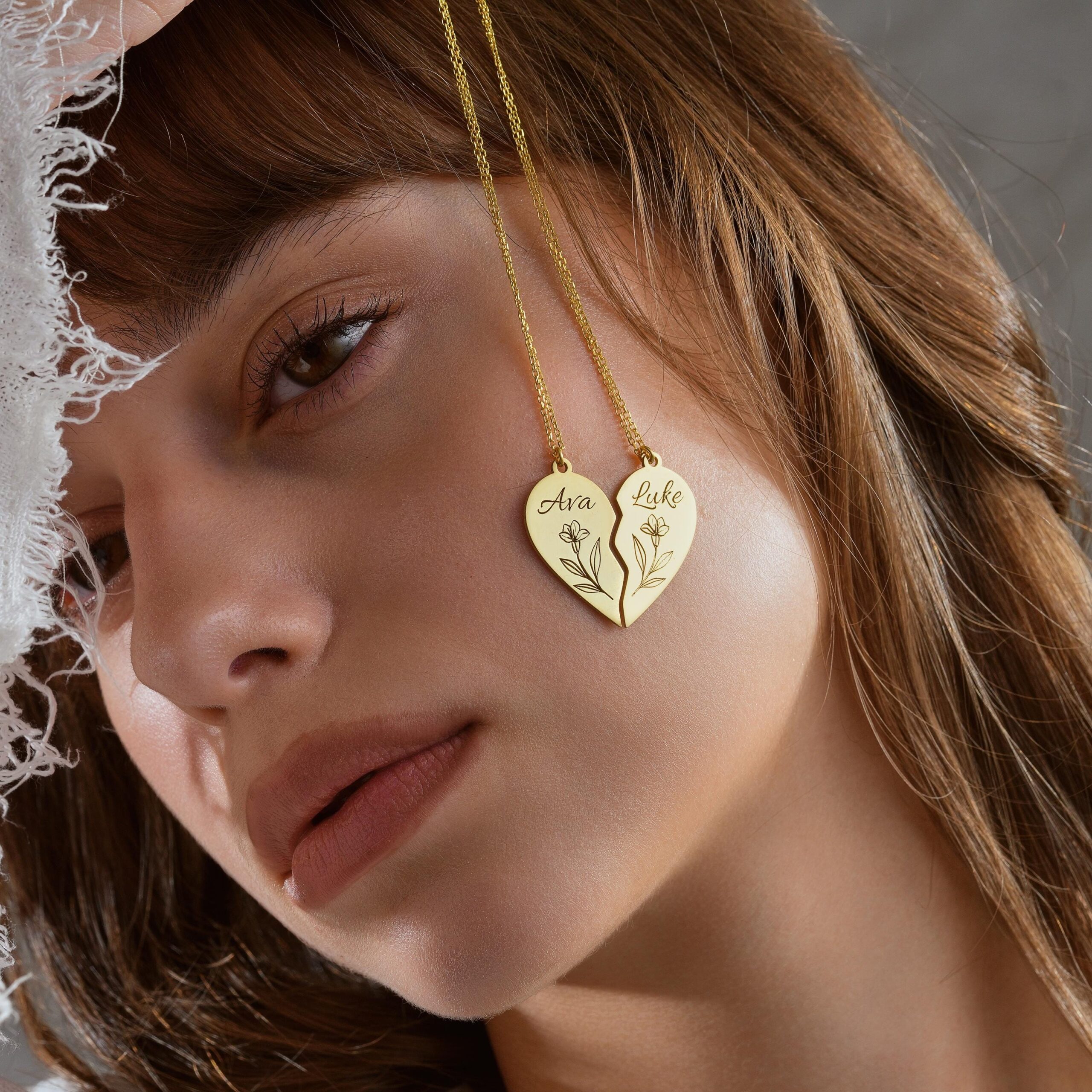 Personalized Sterling Silver Split Heart Necklace Set, Birth Flower Pendant