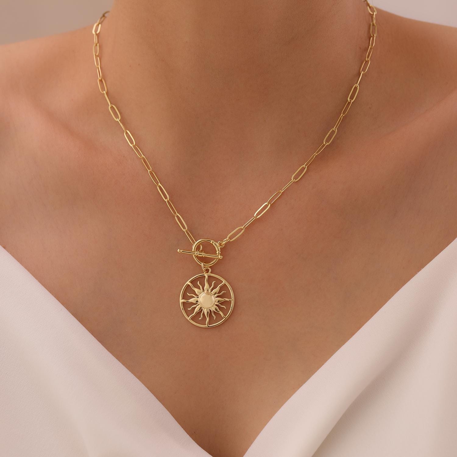Gold Sun Pendant Necklace, Toggle Clasp Sun Necklace For Women, Celestial Jewellery