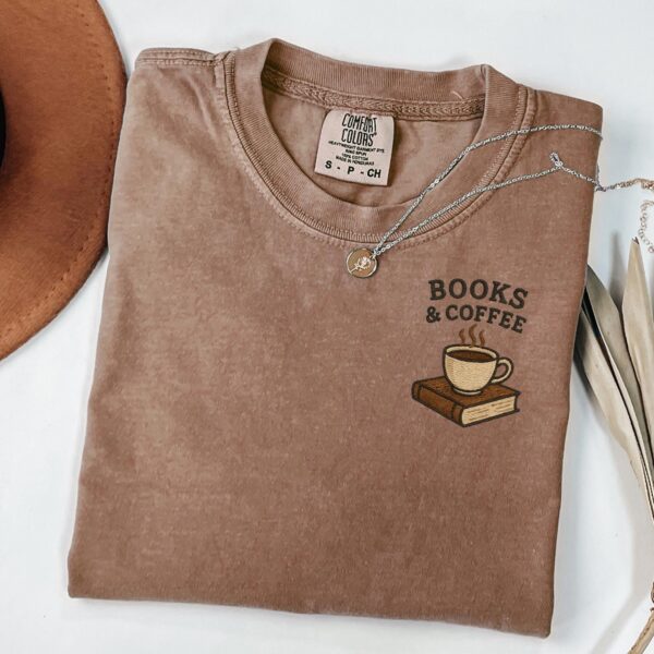 Cozy Books And Coffee Embroidered Fall T-Shirt, Autumn Reading Lover Tee For Bookworms, Coffee Lovers Gift, Cozy Literary Embroidery Top