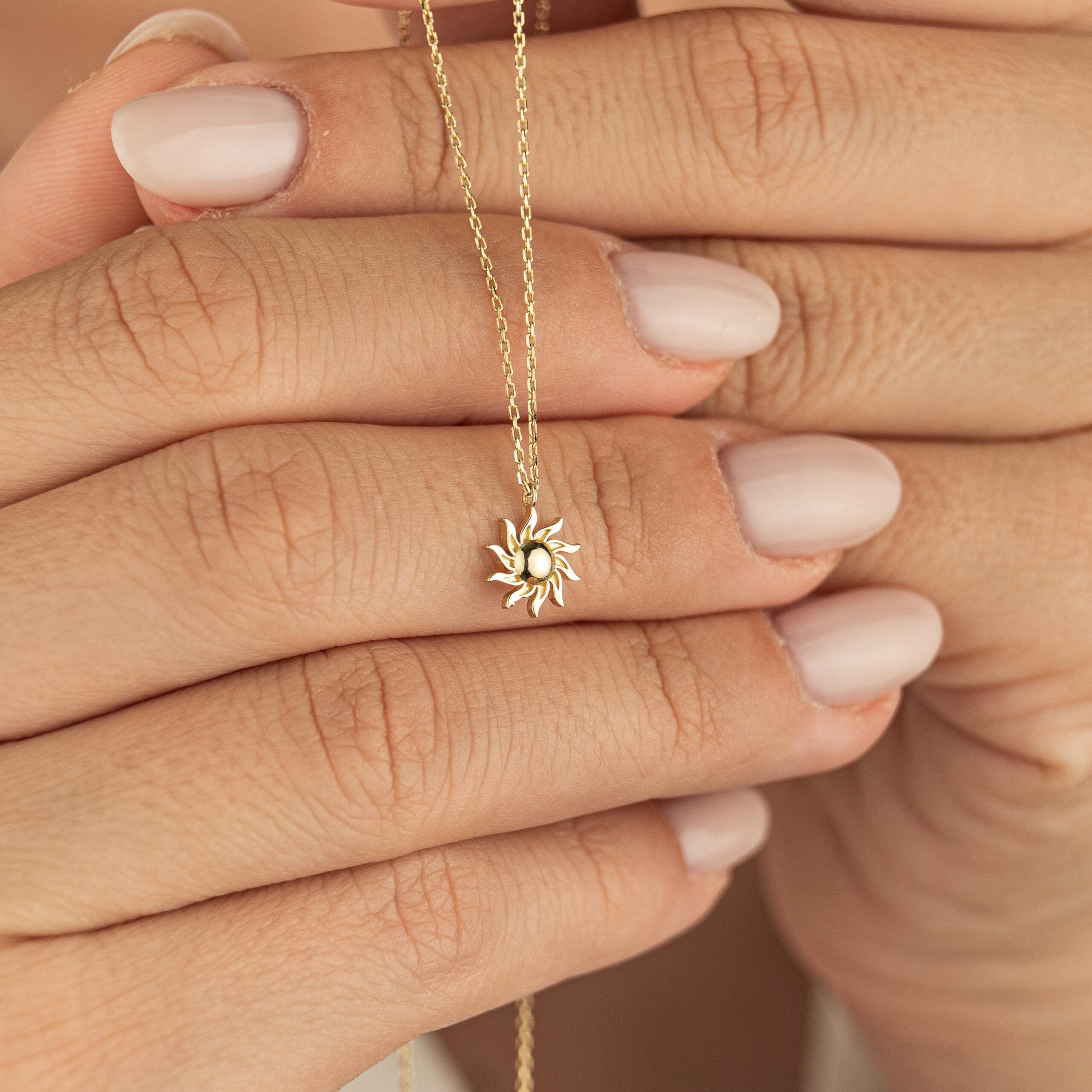 14K Solid Gold Sun Necklace – Dainty Minimalist Pendant, Handmade Sunshine Jewelry