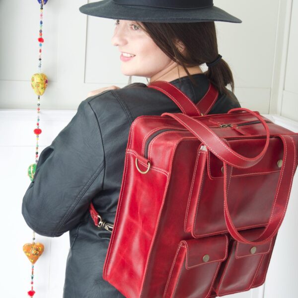 Convertible Leather Backpack Women, Red Laptop Bag, Large Work Backpack Purse, Vintage Leather Travel Bag, Bike Backpack For Women