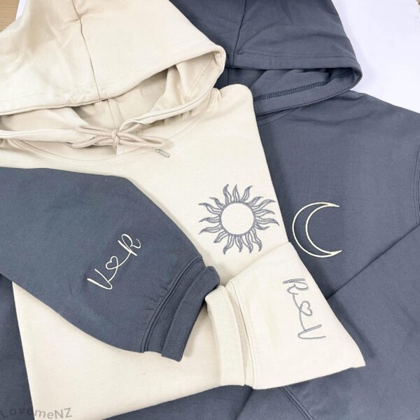 Custom Sun & Moon  Matching Hoodie With Initials Heart, Embroidered Couple Hoodies For Valentine's Or Anniversary