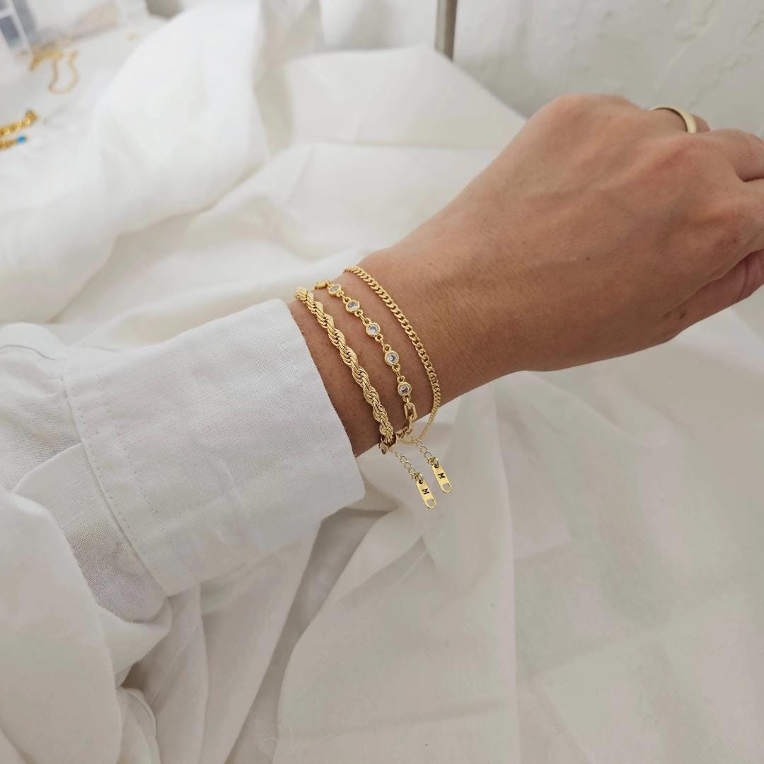 18k Gold Filled Initial Bracelet Set: Dainty Layering Chain Bracelets