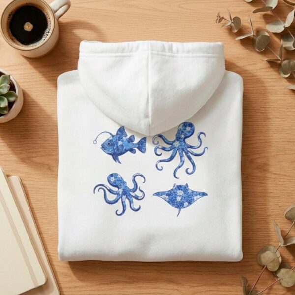 Blue Watercolor Sea Creatures Hoodie | Octopus Fish Stingray Design