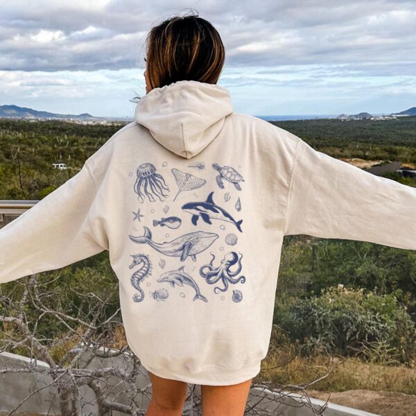 Sea Animal Print Back Sweatshirt, Ocean Life Oversize Hoodie